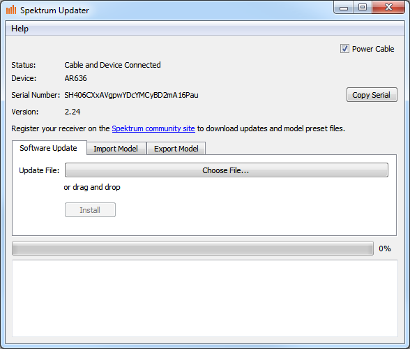 A screenshot of the Spektrum Updater app, showing a serial number and software version.